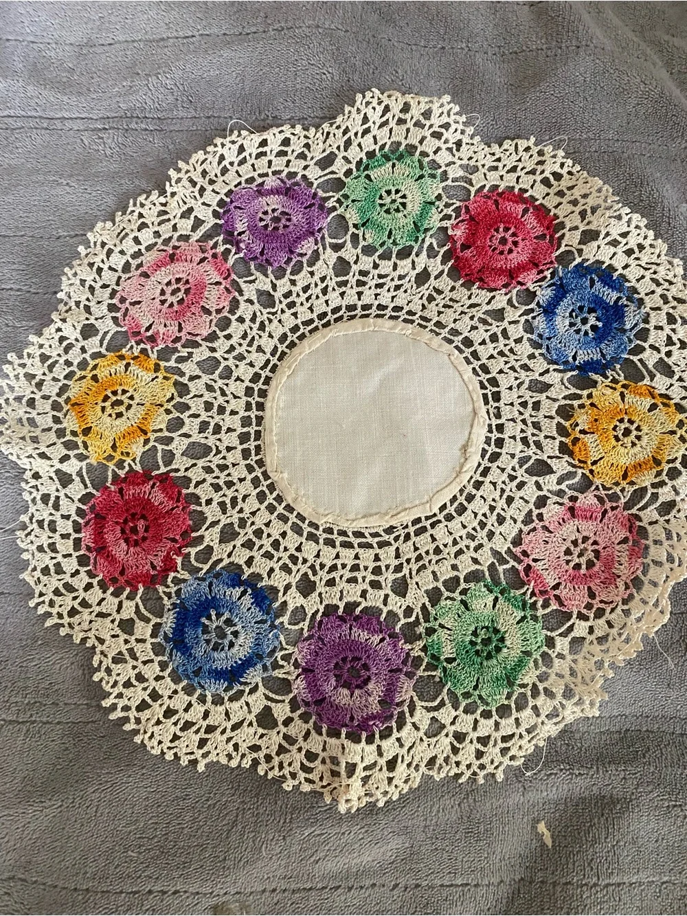 Handmade Crochet Doily with Multicolor Floral Accents